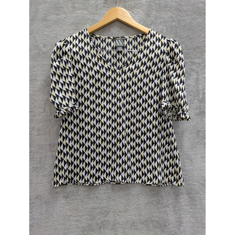 Retro Geometric Print Blouse Women Small V-Neck Short Puff Sleeve Worthington